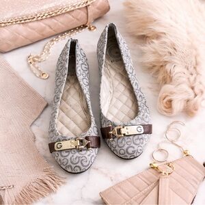 G by GUESS Gray Logo Ballet Flats Size 8M Brown Strap Gold Hardware